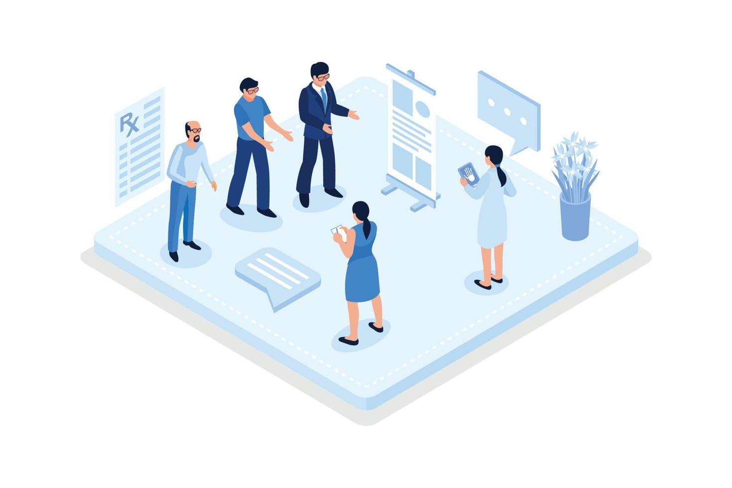 Doctor ophthalmologist showing eye test chart to patient, examining his vision and choosing eyeglasses with correction lens. Ophthalmology concept, isometric vector modern illustration