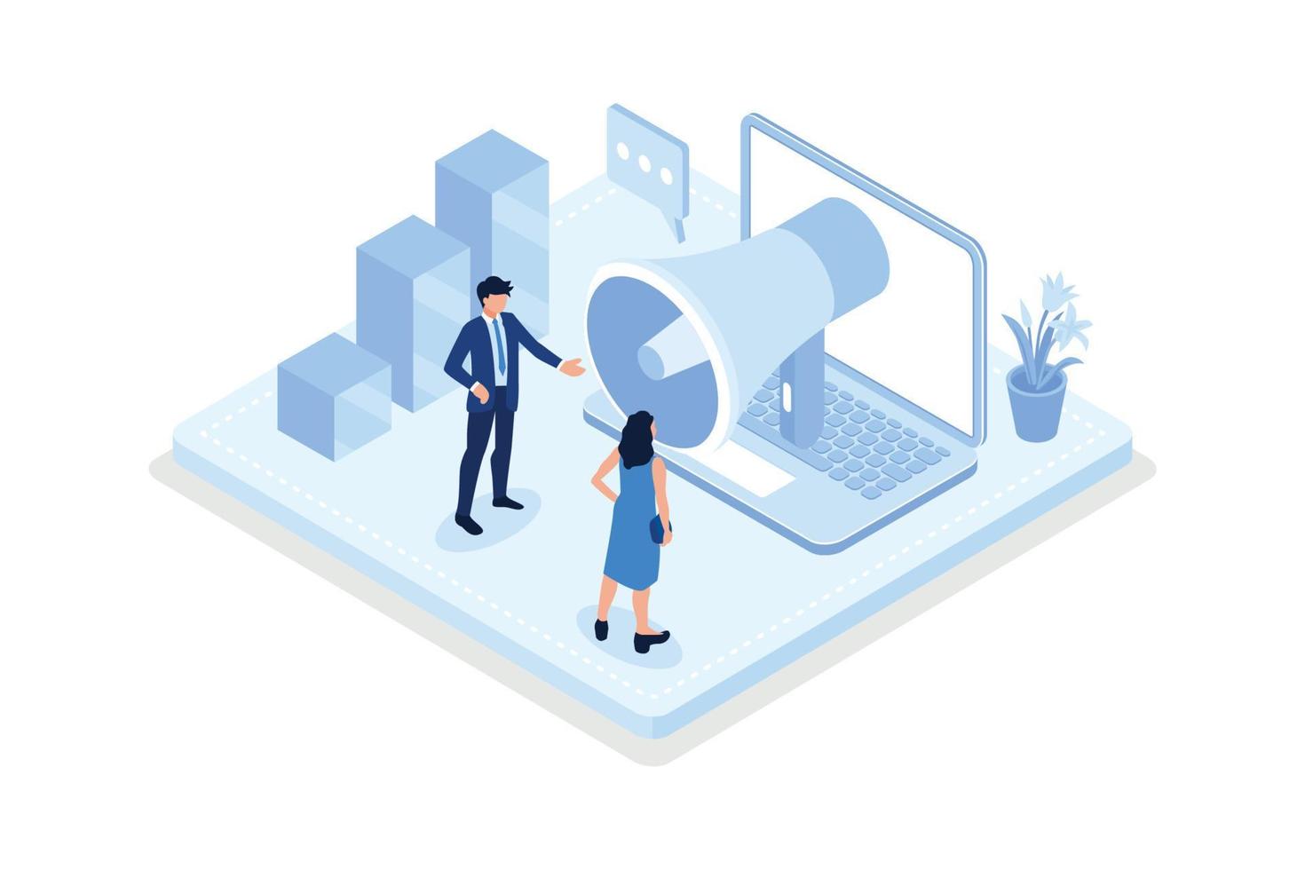 Characters integrating with audience on social media platform, offering discount and using marketing strategy to increase followers, isometric vector modern illustration
