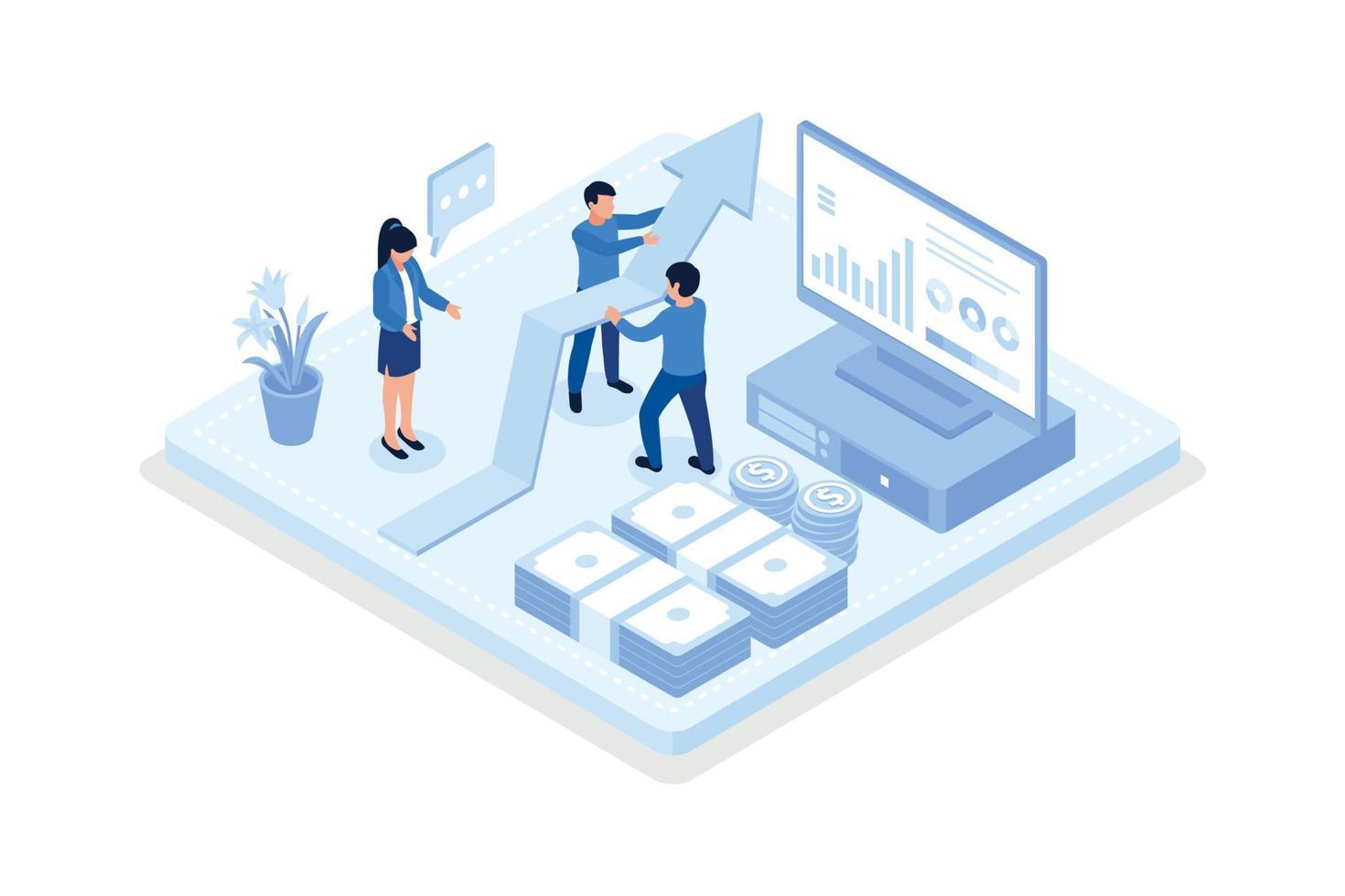 Characters analyzing stock market data and planning investment strategy. People examining financial graphs, charts and diagrams. Stock trading concept, isometric vector modern illustration