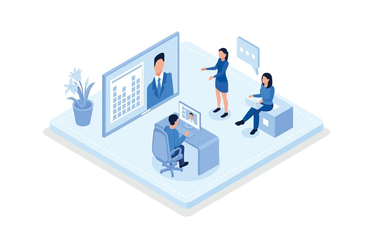 Technical support teams working together to build an engineering system. Software development and it operations concept, isometric vector modern illustration