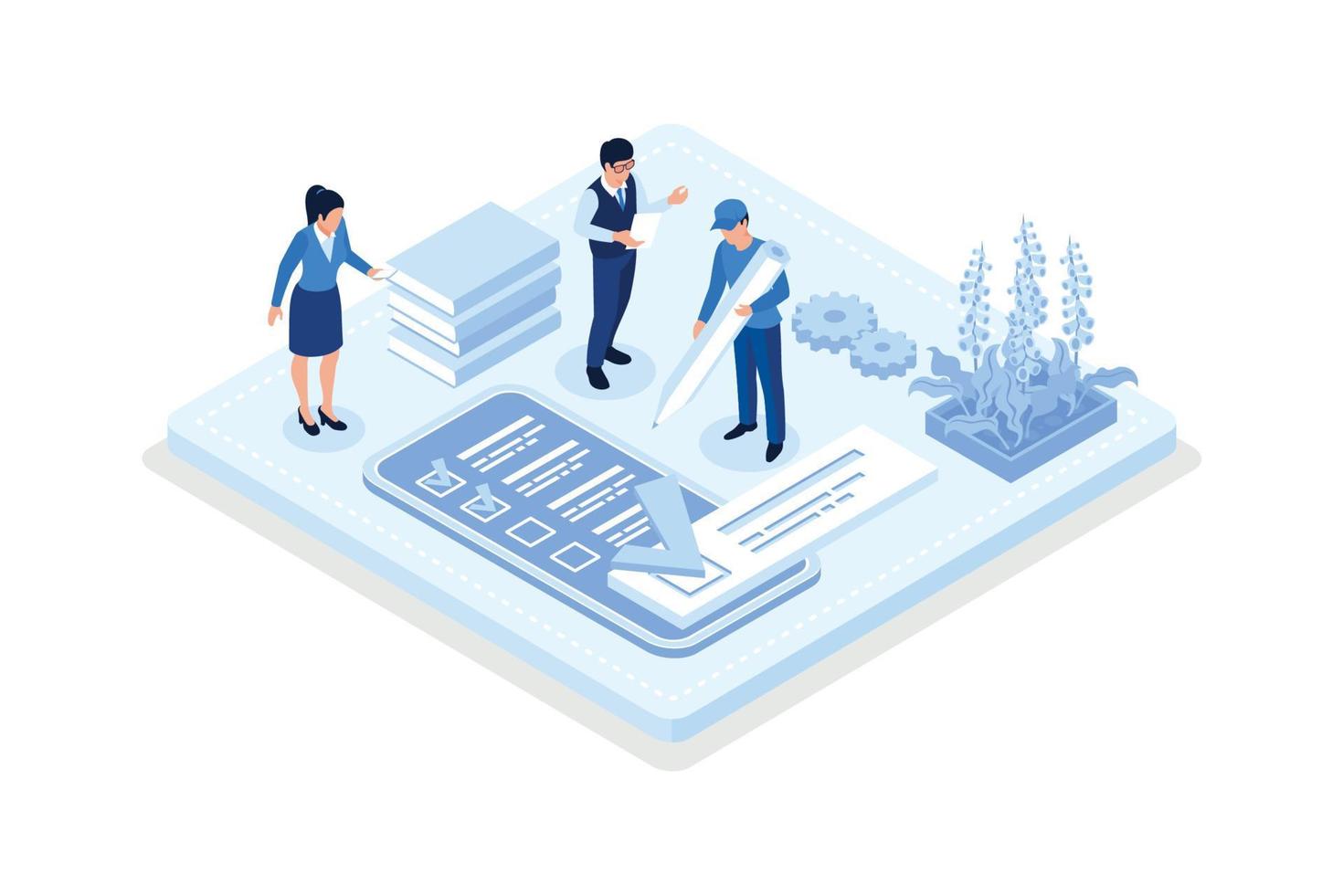 Characters filling survey form, giving positive feedback and filing checklist on smartphone and computer. User experiences concept, isometric vector modern illustration