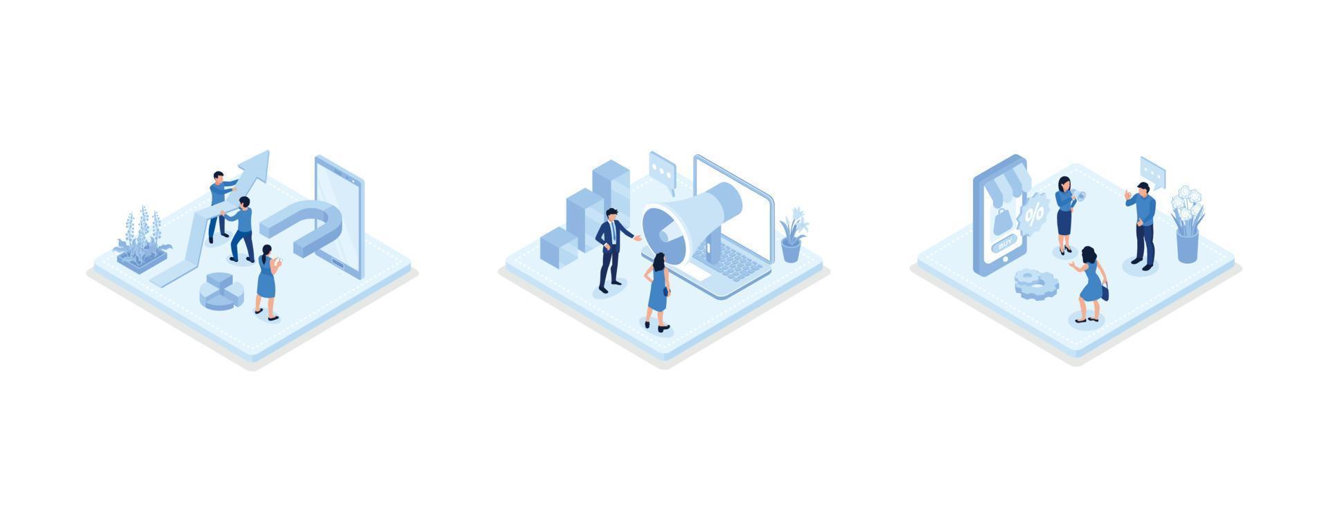 Characters integrating with audience on social media platform, offering discount and using marketing strategy to increase followers, set isometric vector illustration