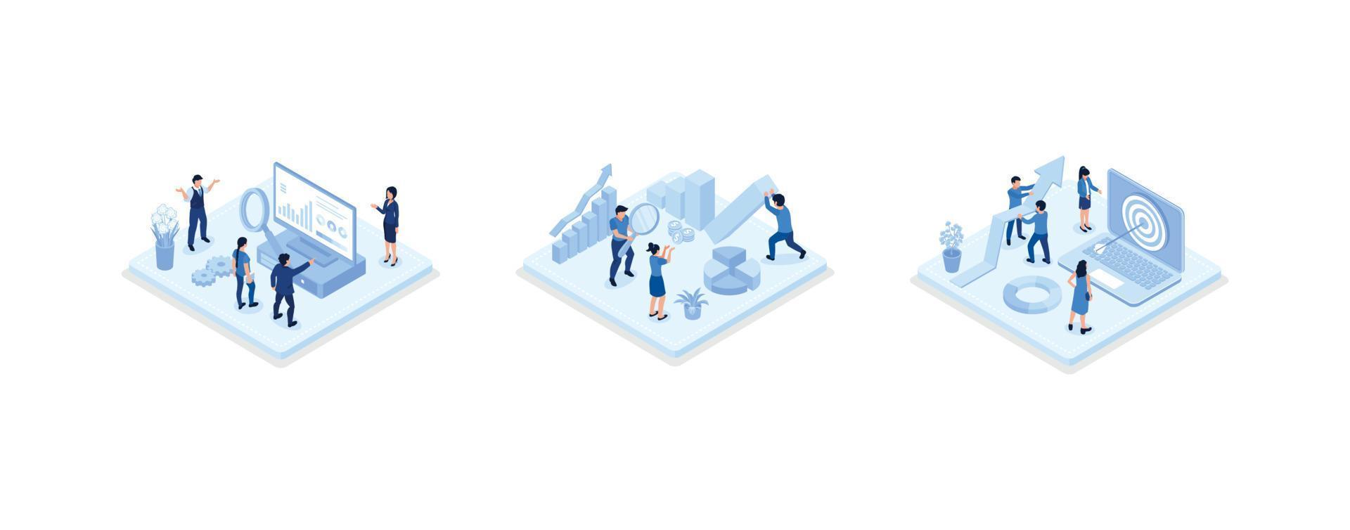 Characters discussing marketing and seo strategy. People analyzing market trends and planning seo optimization. Seo targeting and performance concept, set isometric vector illustration