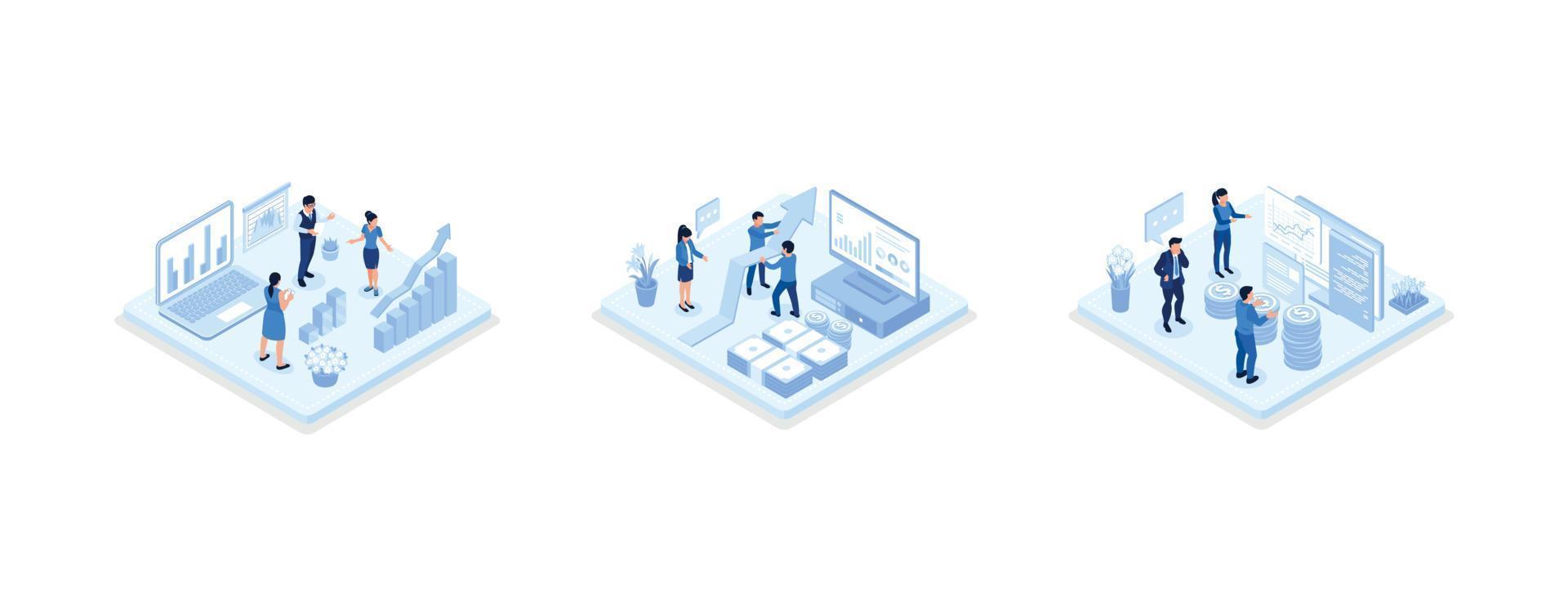 personajes que analizan los datos del mercado de valores y planifican la estrategia de inversión. personas que examinan gráficos financieros, tablas y diagramas. concepto de comercio de acciones, establecer ilustración vectorial isométrica vector