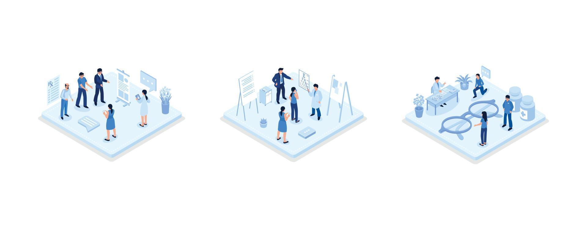 Doctor ophthalmologist showing eye test chart to patient, examining his vision and choosing eyeglasses with correction lens. Ophthalmology concept, set isometric vector illustration