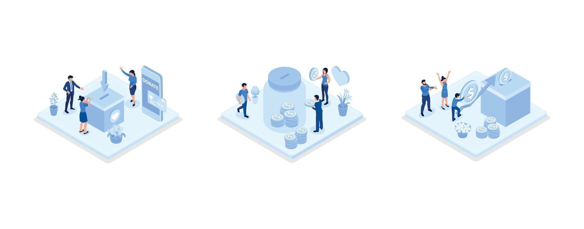 Volunteers putting coins in donation box and donating with credit card online. Financial support and fundraising concept, set isometric vector illustration