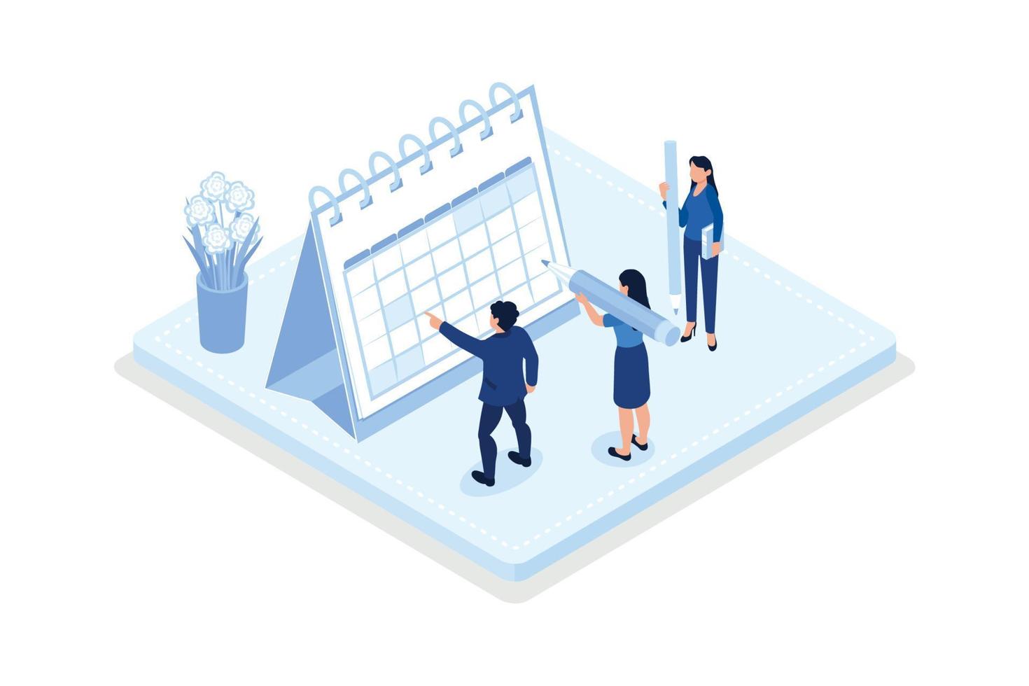 Time management and schedule planning scenes. Characters managing work and life time, organizing daily tasks and putting mark on calendar, isometric vector modern illustration