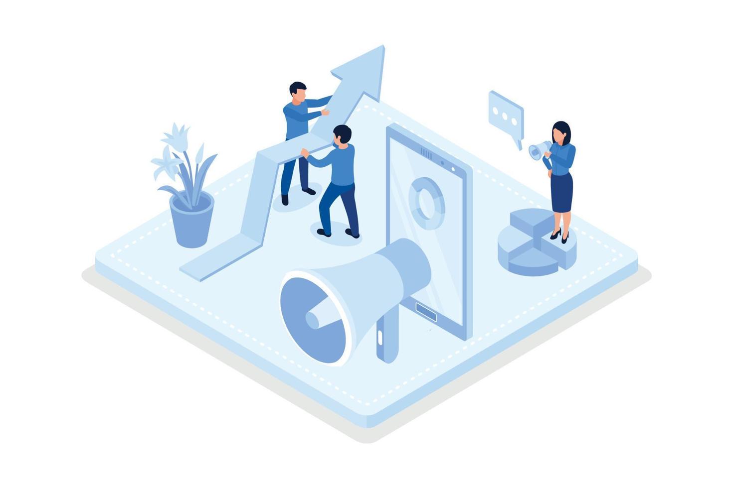 People Characters Analyzing Charts, Graphs, Planning Business Strategy and Managing Data on Laptop and Smartphone. Business Intelligence and Analysis Concept, isometric vector modern illustration