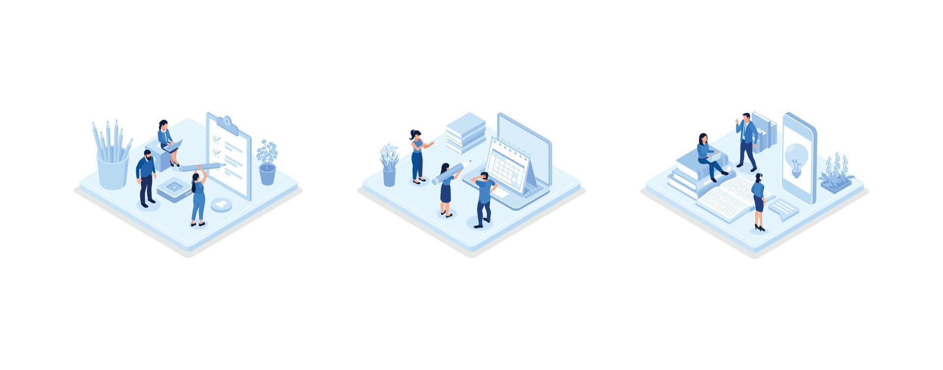 Characters writing notes and putting stickers on calendar, filling to do list and creative diary. Daily planning concept, set isometric vector illustration