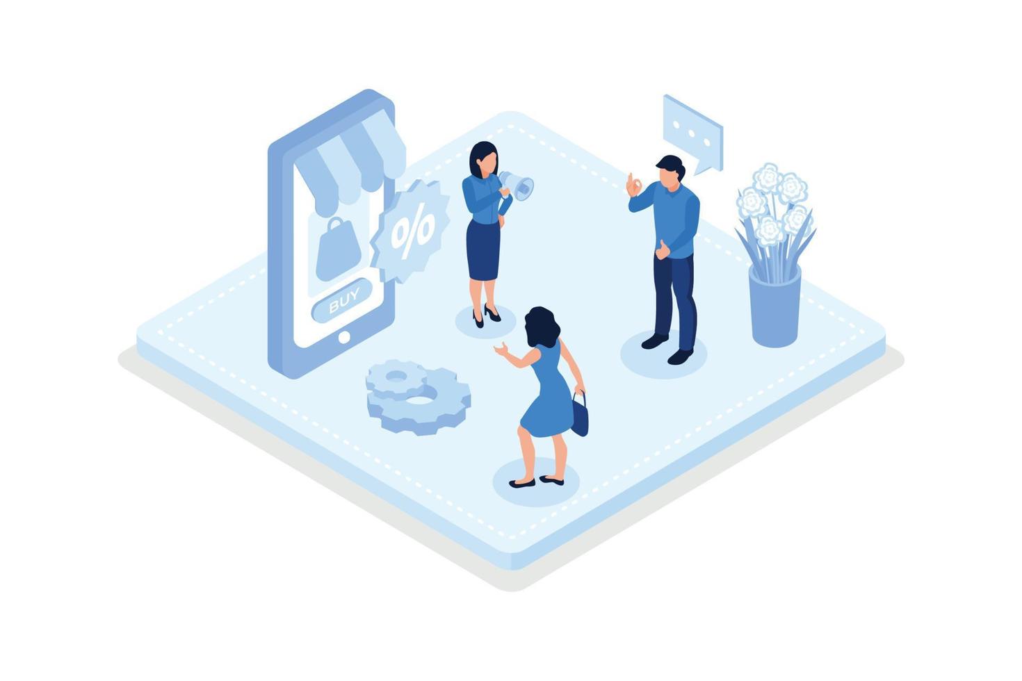 Characters integrating with audience on social media platform, offering discount and using marketing strategy to increase followers, isometric vector modern illustration