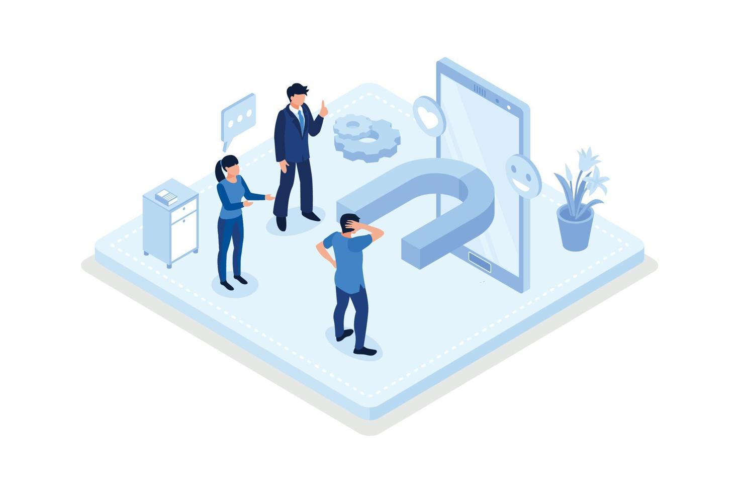 Characters integrating with audience on social media platform and using marketing strategy to increase followers, isometric vector modern illustration