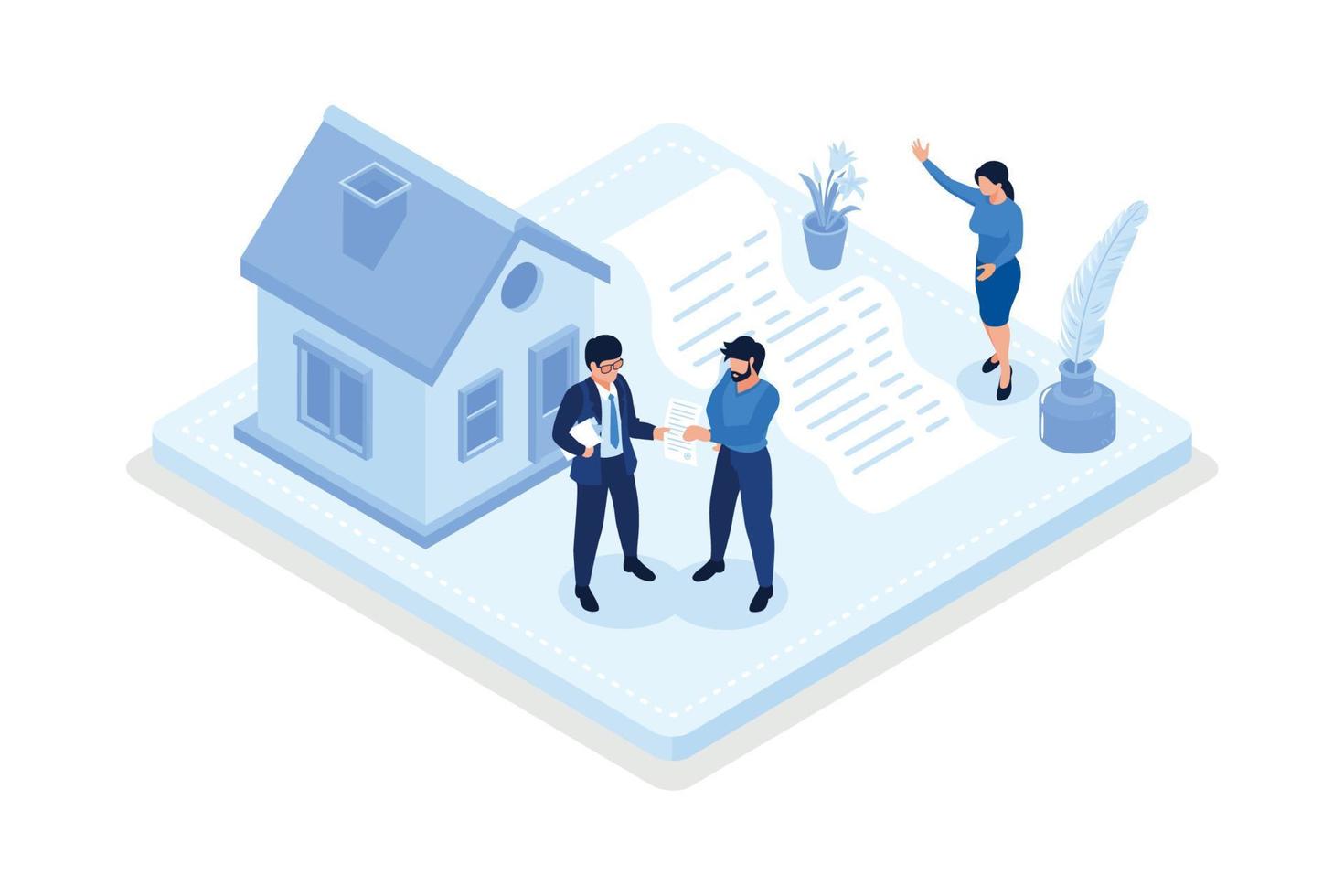 Mortgage process, Characters buying property with mortgage, isometric vector modern illustration