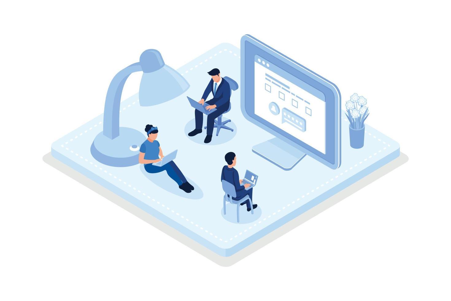 Characters filling survey form, giving positive feedback and filing checklist on smartphone and computer. User experiences concept, isometric vector modern illustration