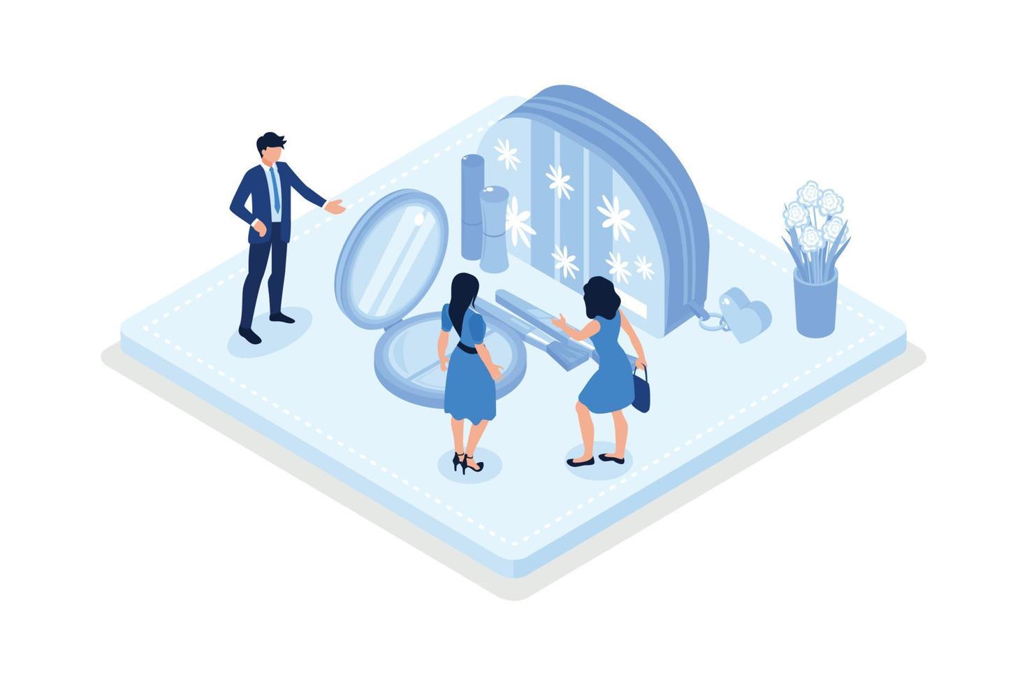 Girls taking care about beauty and health and using different natural cosmetic products. Essential oil, organic cleanser and massage stone, isometric vector modern illustration