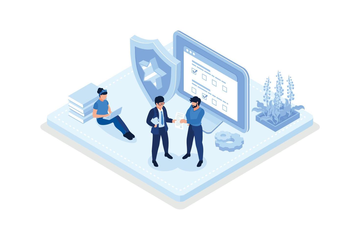 Characters safety paying with credit card online on smartphone, laptop and contactless on terminal. Electronic money security concept, isometric vector modern illustration