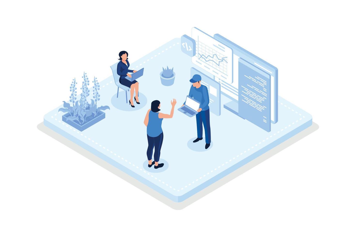 Technical support teams working together to build an engineering system. Software development and it operations concept, isometric vector modern illustration