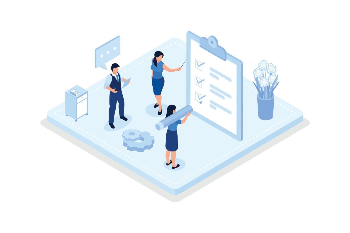 Various Online Survey and Rating Icons. Characters Filling Survey Form, putting Check Marks on Checklist and giving Five Star Feedback. User Experiences Concept, isometric vector modern illustration