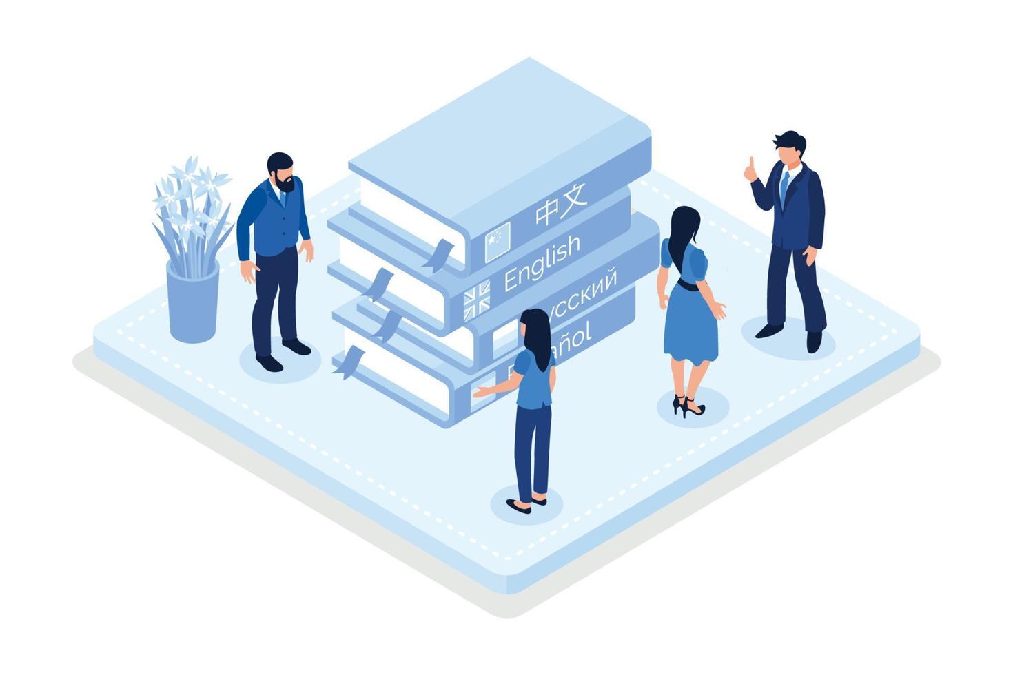 Characters learning English language, Student listening and speaking in English, isometric vector modern illustration