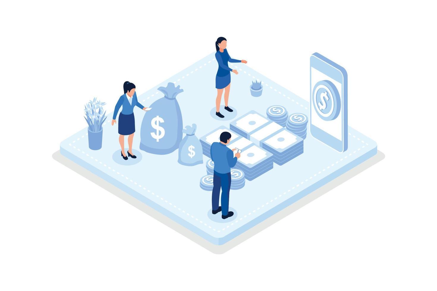 Characters saving money and analyzing financial report, Financial management, isometric vector modern illustration