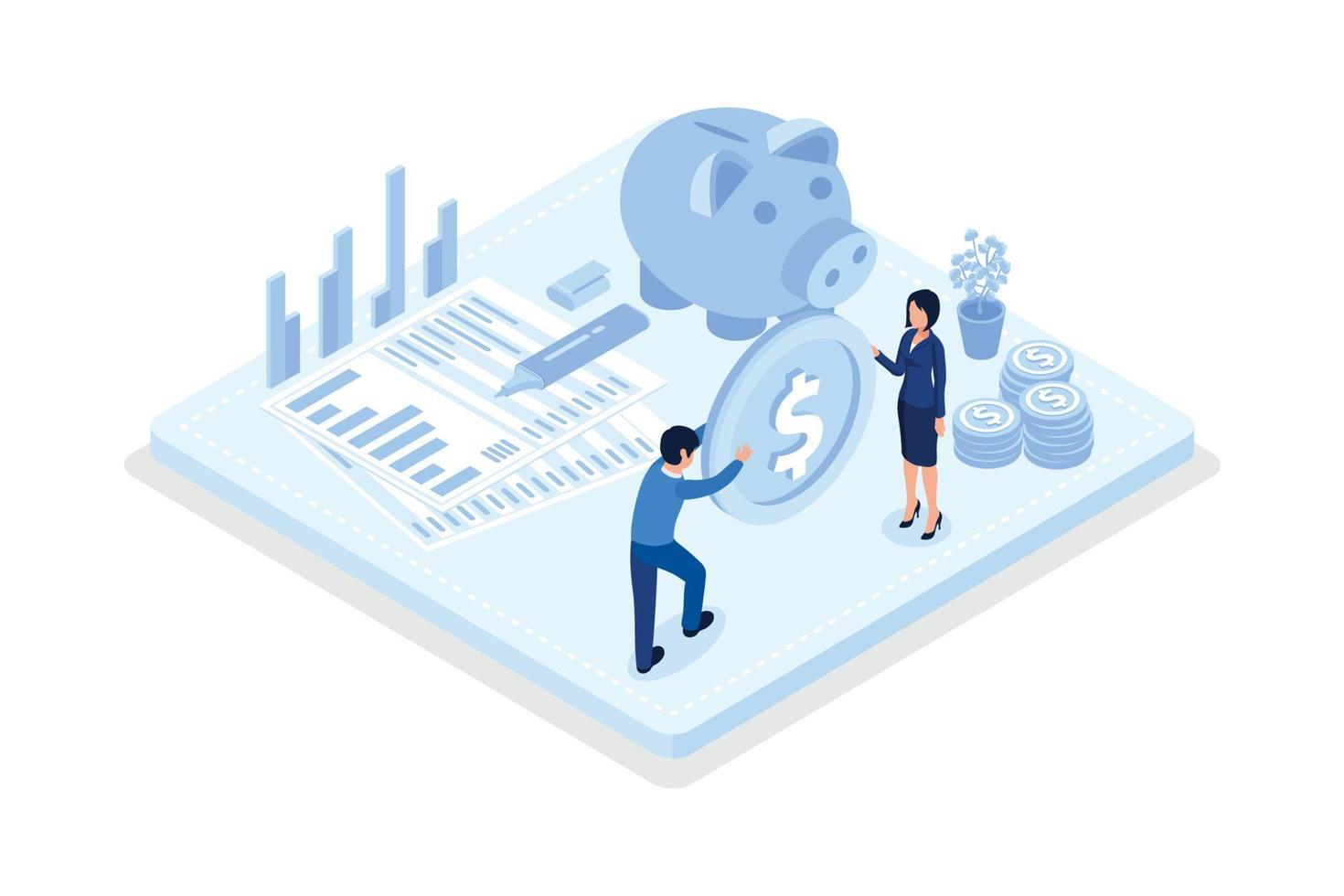 Character consulting with financial advisor, preparing and sending online tax declaration, getting tax return. Taxation concept, isometric vector modern illustration