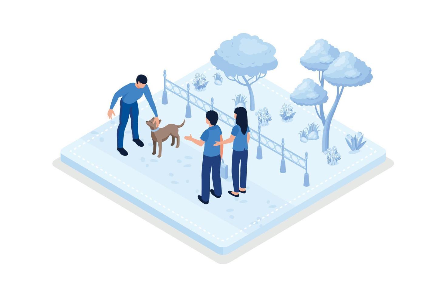 Owner giving dog leash to pet sitter. Volunteers in shelter helping animals, isometric vector modern illustration