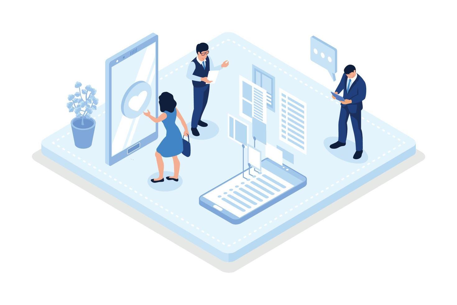 Characters integrating with audience on social media platform and using marketing strategy to increase followers, isometric vector modern illustration