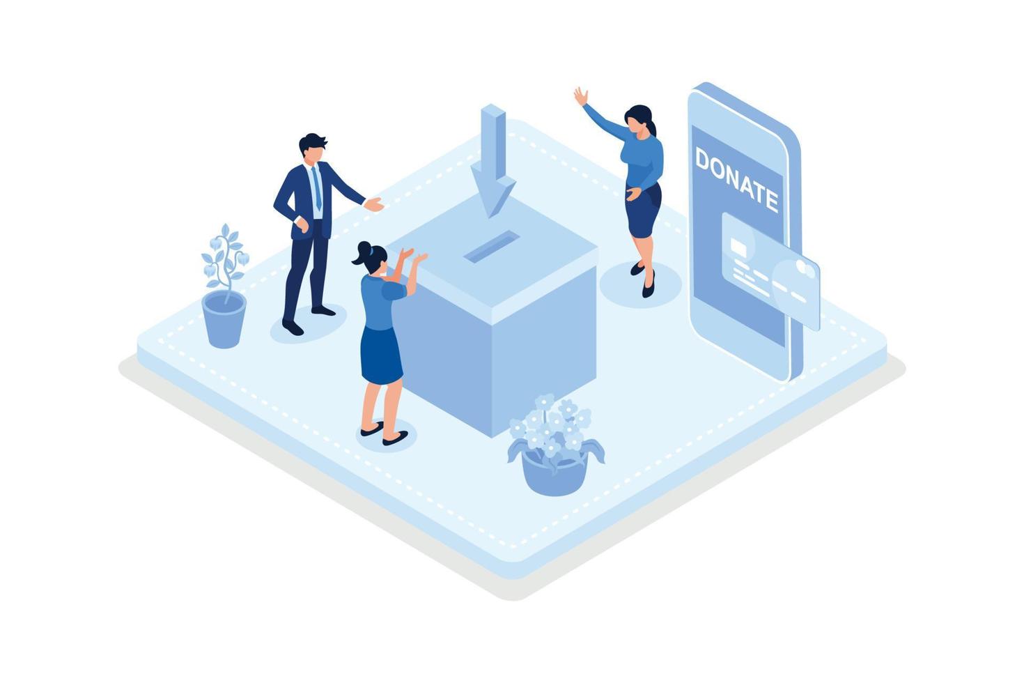 Volunteers putting coins in donation box and donating with credit card online. Financial support and fundraising concept, isometric vector modern illustration
