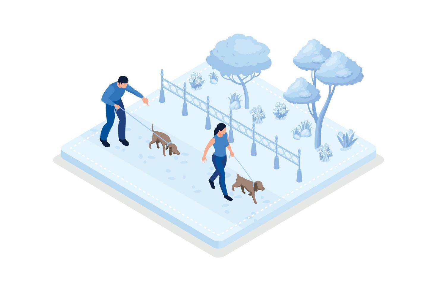 Pet owners and volunteer, Character walking with dogs, isometric vector modern illustration