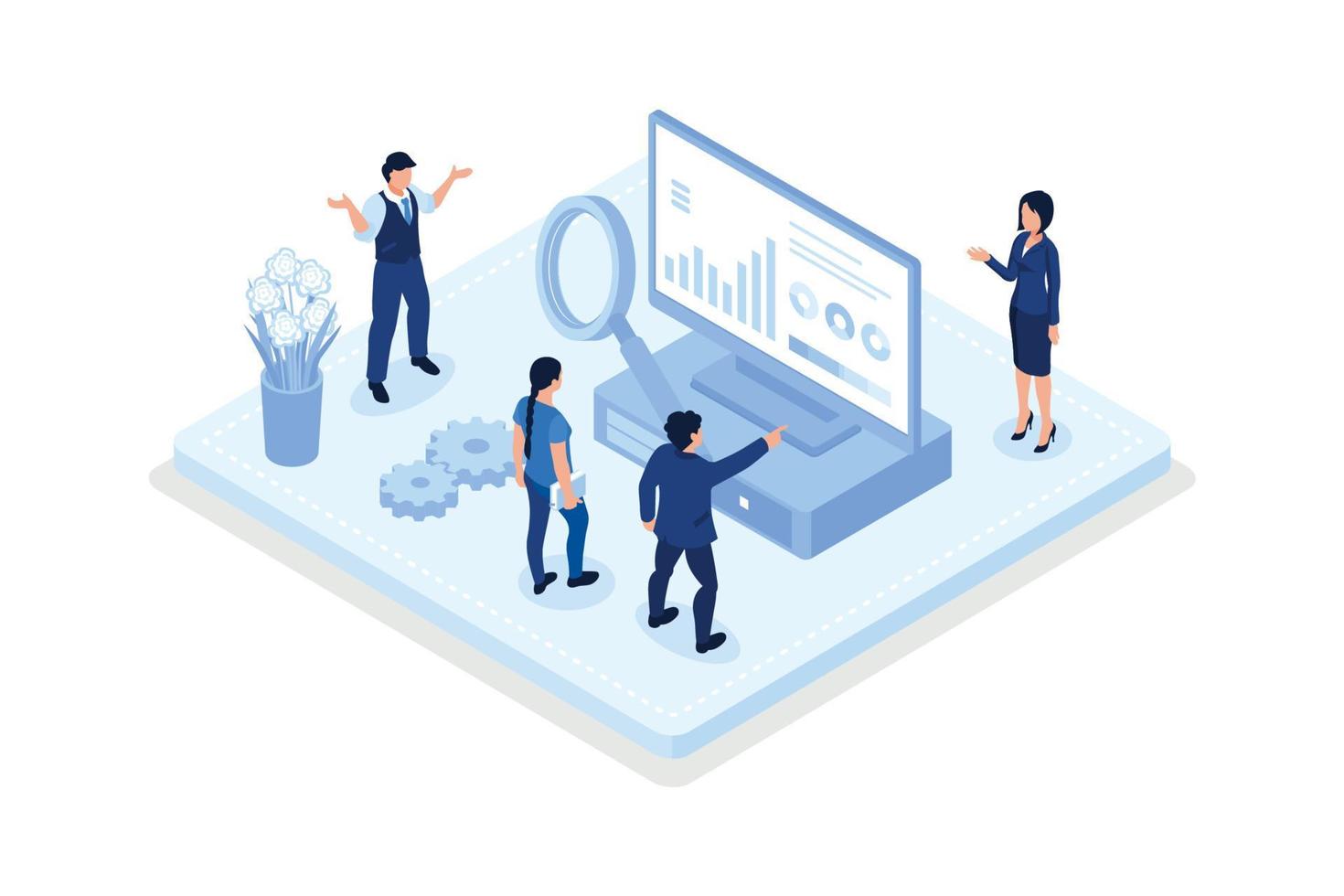 Characters discussing marketing and seo strategy. isometric vector modern illustration