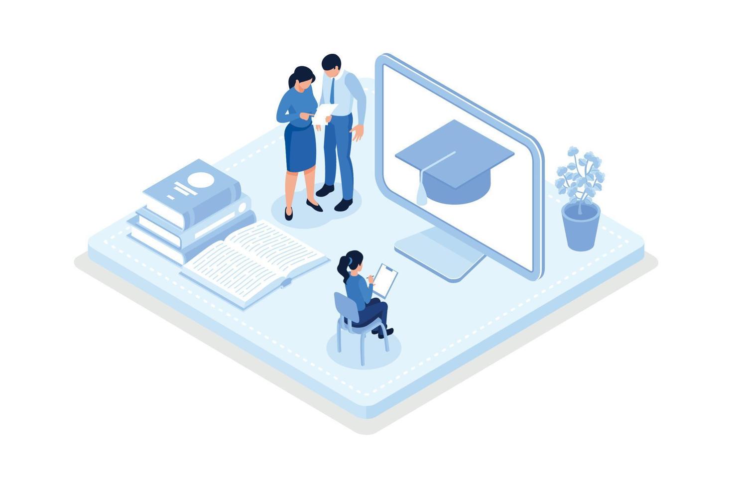 Characters educating online with laptop, smartphone and improving their skills. Self learning, online education and personal growth concept, isometric vector modern illustration