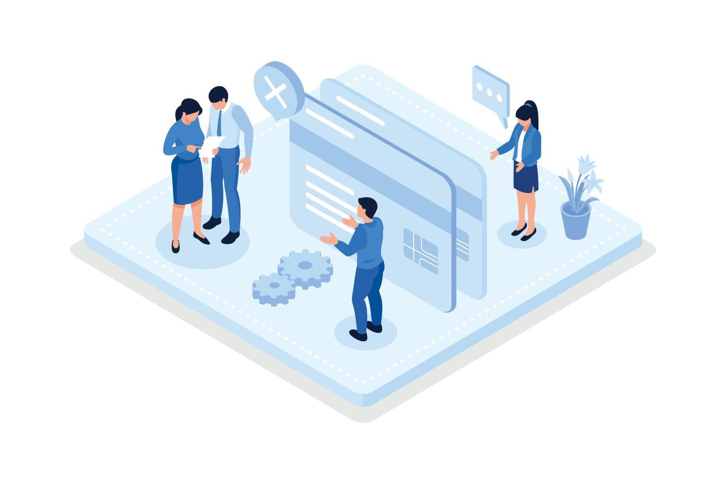 Characters having financial problems, debts and loans. People holding long bill, reading letter from collection agency and carrying debt, isometric vector modern illustration