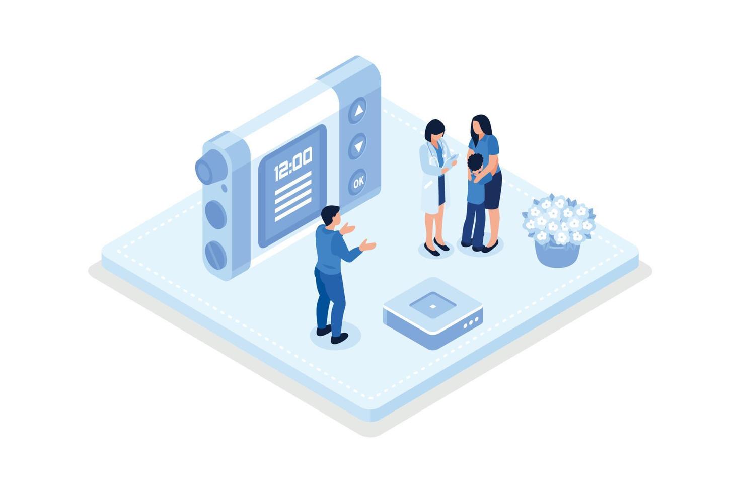 Doctor and patient check blood sugar level with glucometer and diabetic insulin pump. Character with diabetes receiving treatment against disease, isometric vector modern illustration