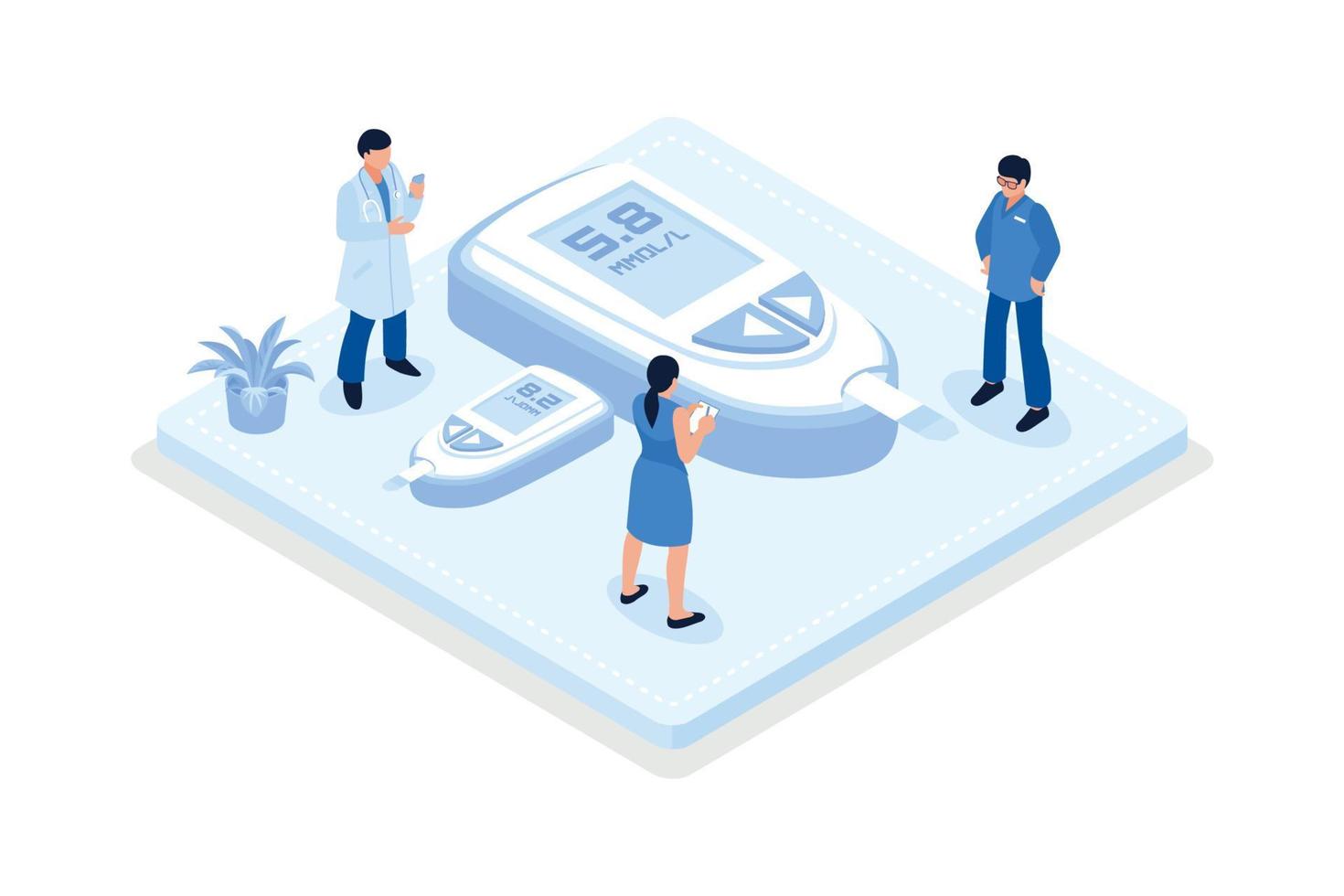 médico y paciente controlan el nivel de azúcar en la sangre con glucómetro y bomba de insulina para diabéticos. personaje con diabetes que recibe tratamiento contra la enfermedad, ilustración moderna vectorial isométrica vector