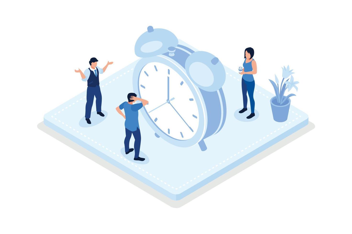 Time management and schedule planning scenes. Characters managing work and life time, organizing daily tasks and putting mark on calendar, isometric vector modern illustration