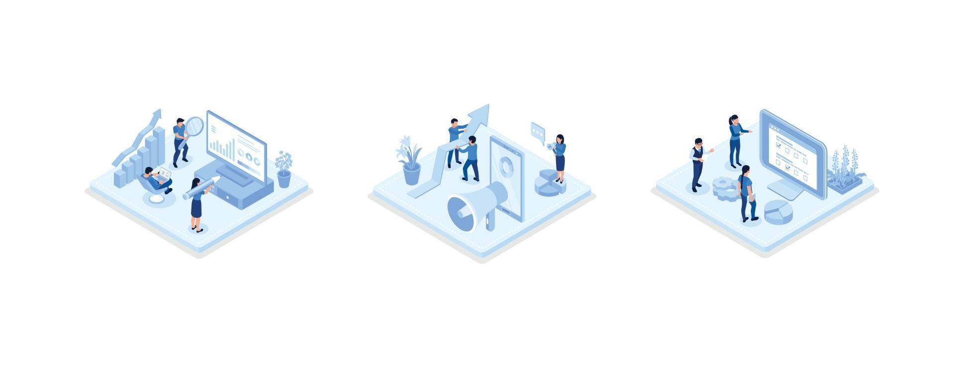 People Characters Analyzing Charts, Graphs, Planning Business Strategy and Managing Data on Laptop and Smartphone. Business Intelligence and Analysis Concept, set isometric vector illustration