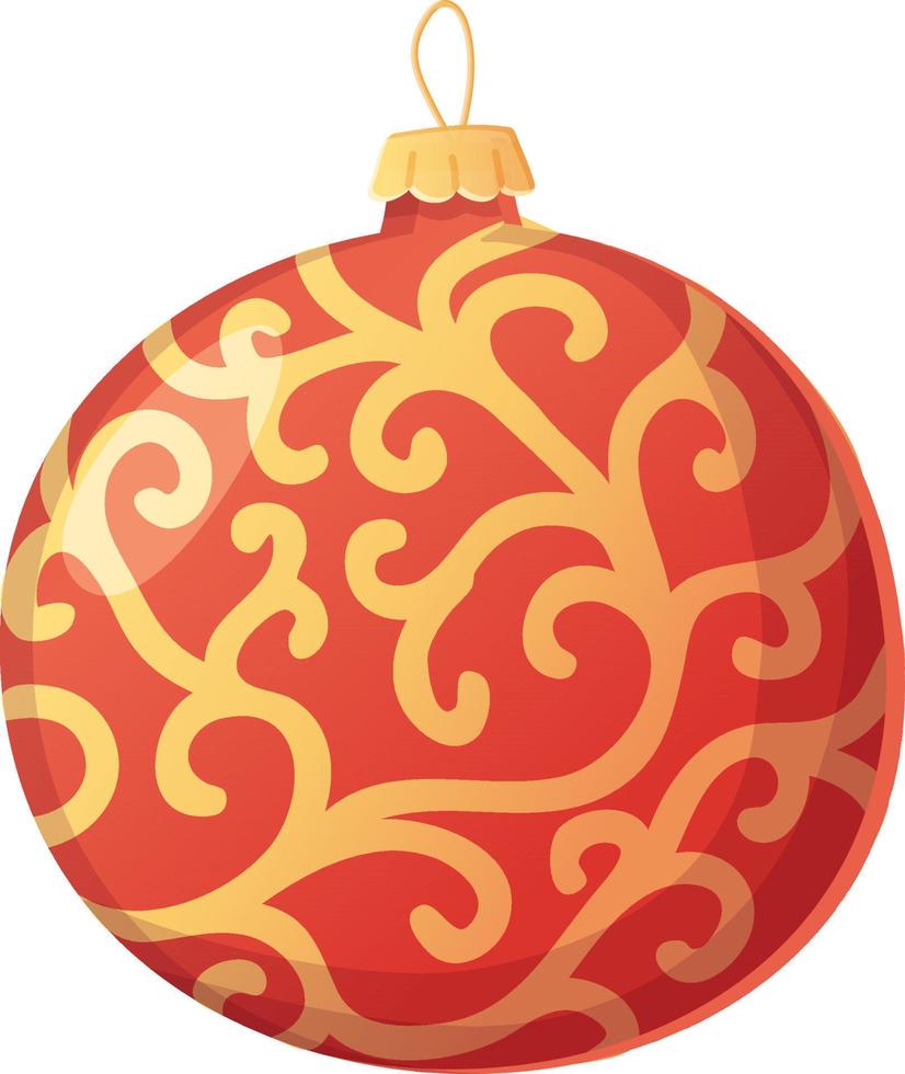 Christmas red with golden floral pattern traditional ball in realistic cartoon style. vector