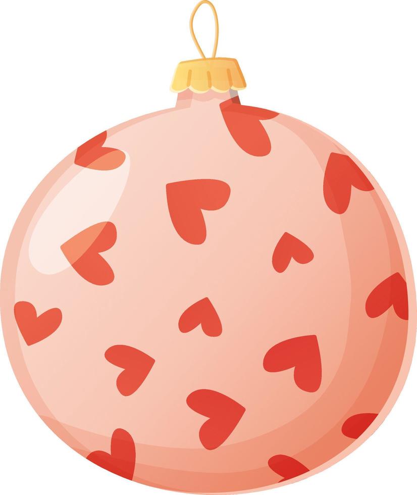 Christmas Pink with hearts traditional ball in realistic cartoon style. vector