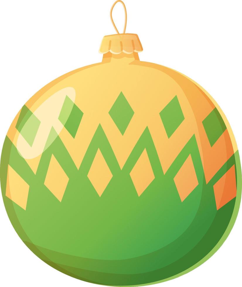 bola tradicional de adorno de rombo amarillo verde de navidad en estilo de dibujos animados realista. vector