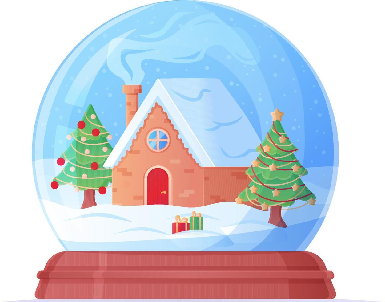 globo de nieve con una casa acogedora y una ilustración de dibujos animados de árboles de navidad. vector