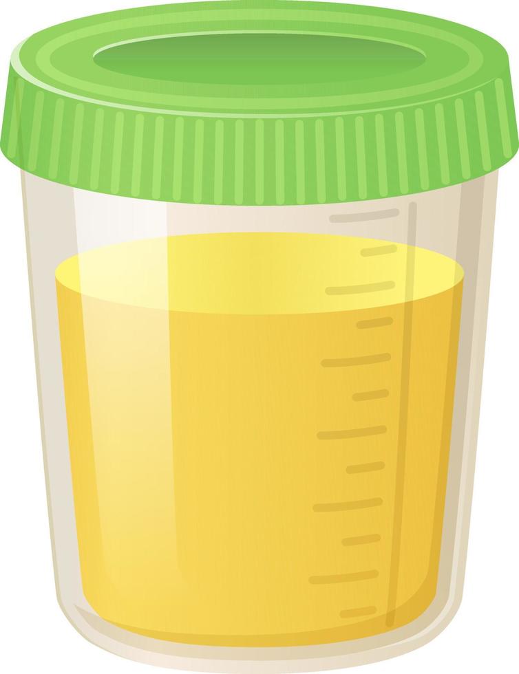 Urine tests. Pee in a plastic container. Medical analysis concept. Stock vector illustration in flat cartoon style isolated on white background.