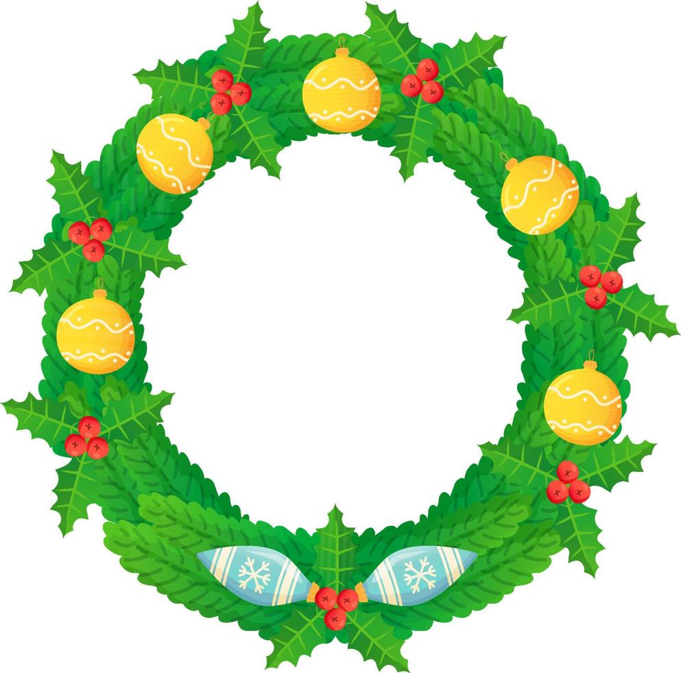 Christmas wreath with balls bows bells candy and flowers vector