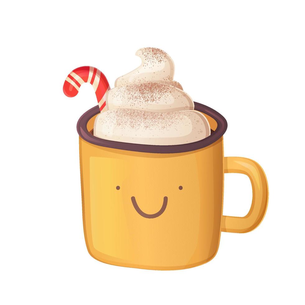 Cute christmas hot chocolate with whipped cream and cocoa powder in realistic cartoon style vector