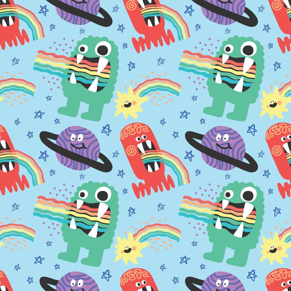 cute character aliens stars and planets seamless pattern design vector