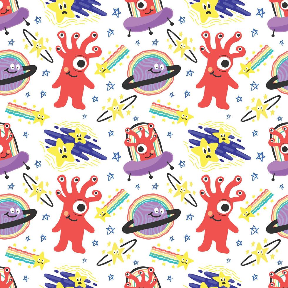 aliens cute character stars and planets seamless pattern design vector