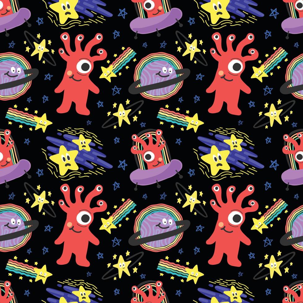 cute character aliens stars and planets seamless pattern design black background vector