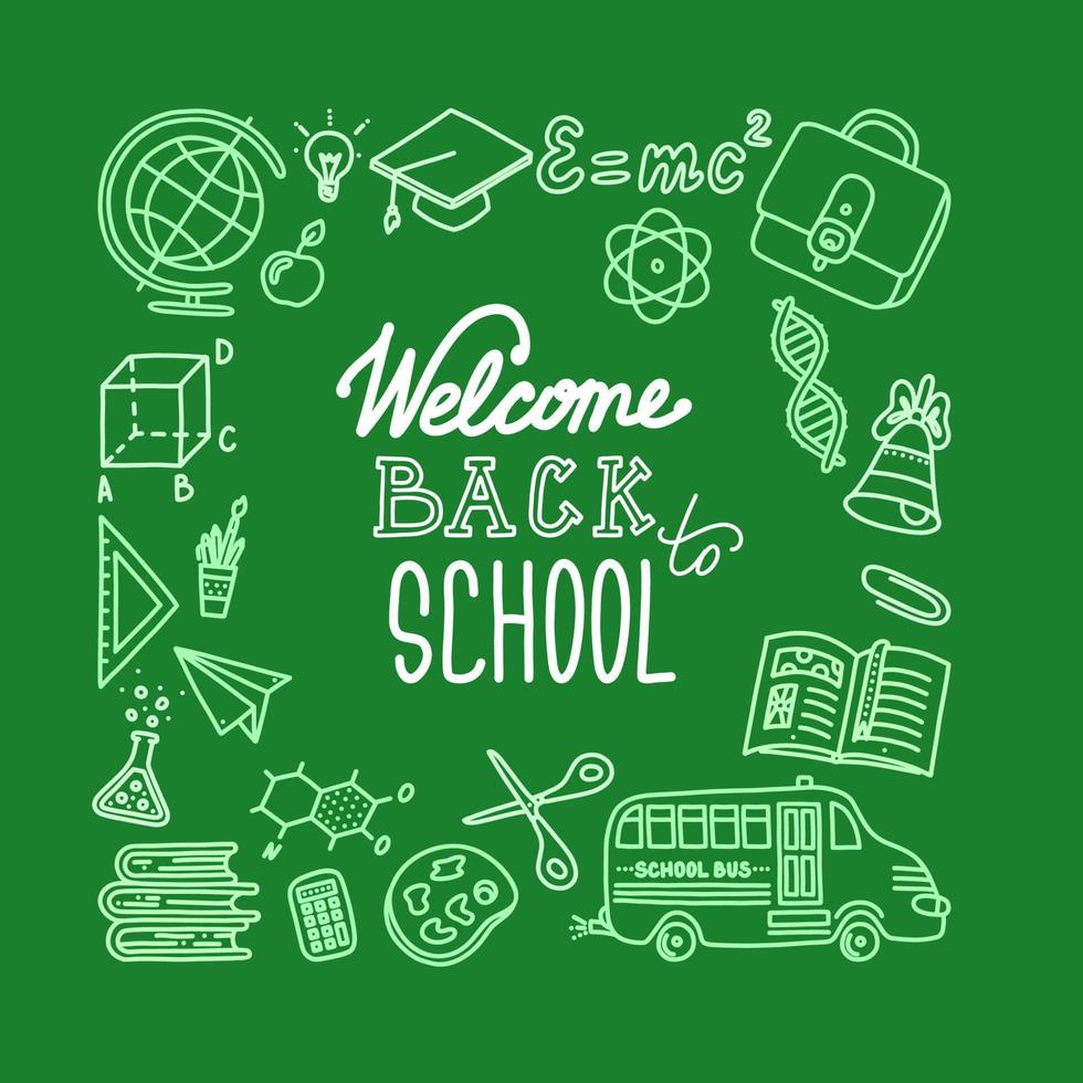 Back to school banner. Green background and white illustrations. Vector illustration in doodle style