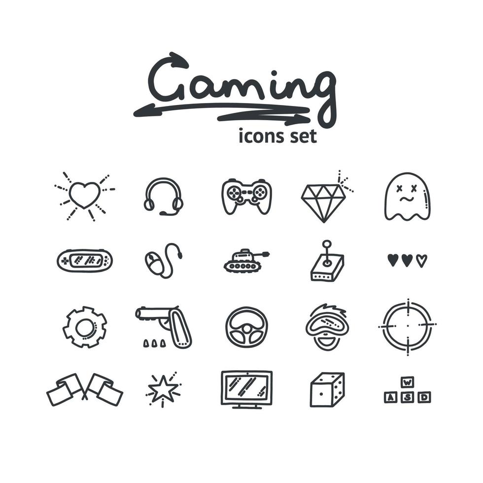 Doodle set of gaming icons. Vector illustration