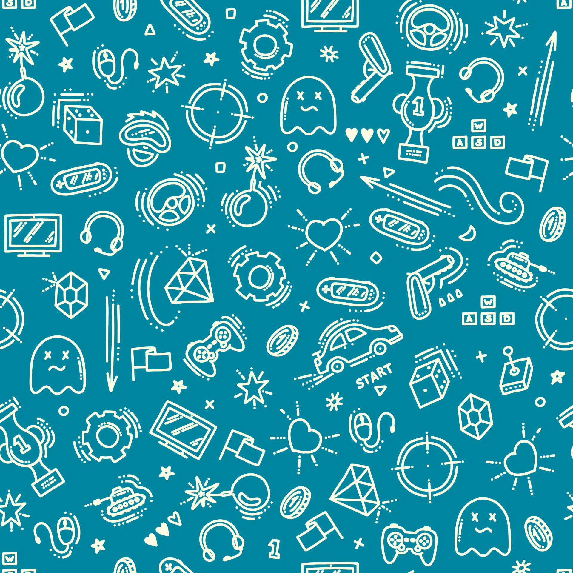 Seamless pattern of gaming objects. Vector illustration in doodle style