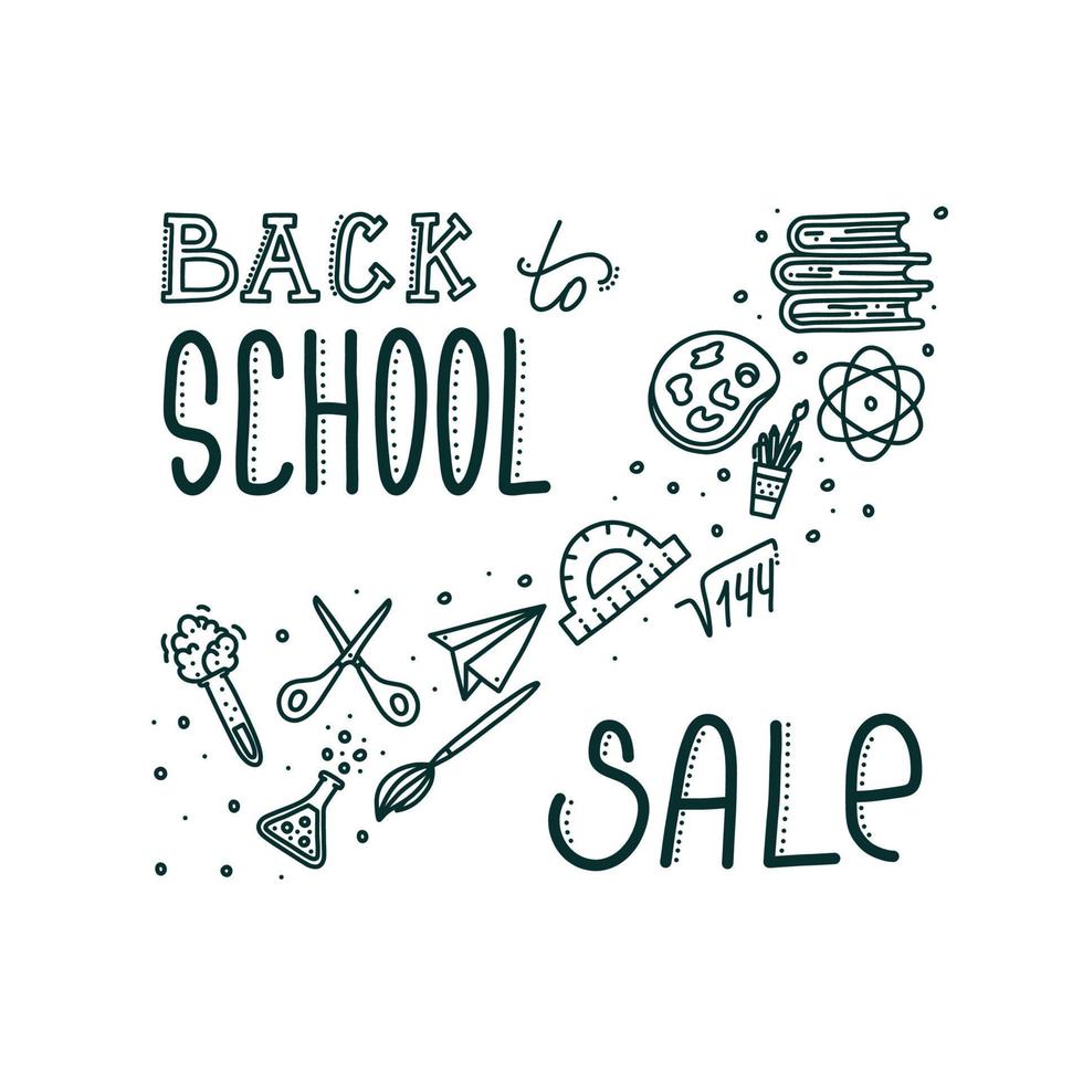 Back to school sale banner. Hand drawn inscription and objects. Vector illustration in doodle style