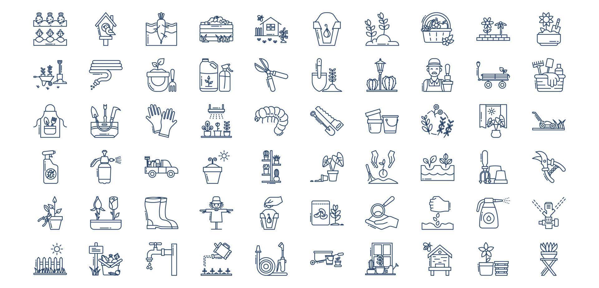 Collection of icons related to Gardening and farming, including icons like Bird house, Carrot, composting and more. vector illustrations, Pixel Perfect set